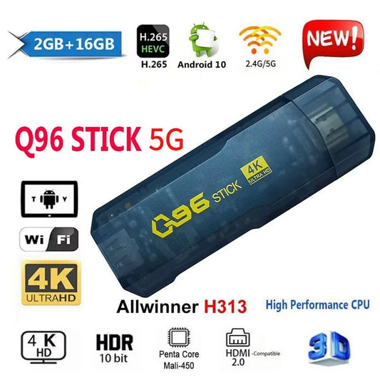 1PC Q96 2GB+16GB Dongle Smart TV Stick Android 10 Allwinner H313 Quad Core 5G 2.4G WIFI 4K HD Top Box TV Box H.265 Home Theater